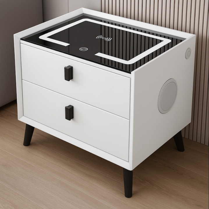 Noptiera smart multifunctionala, iluminare led, tactil, incarcare wireless si usb, difuzor bluetooth, 2 sertare, blocare sertar cu amprenta, alb