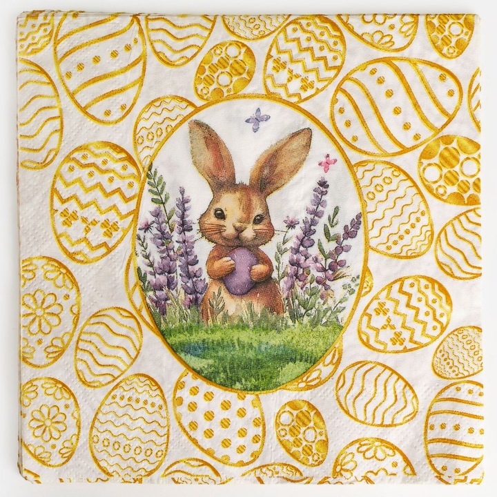 Комплект от 20 броя Великденски салфетки за маса 33x33см, 2 слоя, модел Зайче и Яйца, Златна декорация, Златно фолио, Декоративни салфетки Shopiens