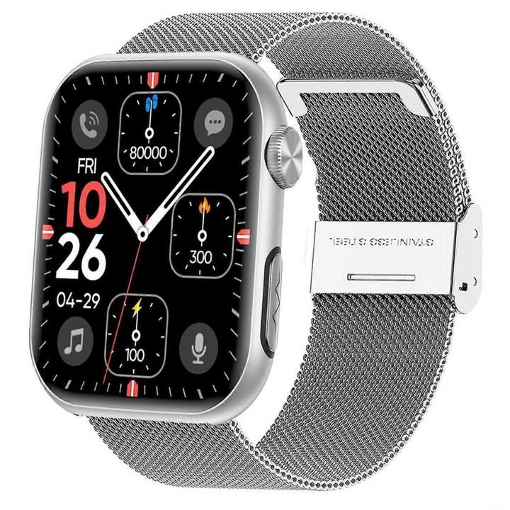 Smartwatch Lumaudio SANOTRAK Optix, monitorizare avansată a sănătății, argintiu, curea milanese, 1.97 inch