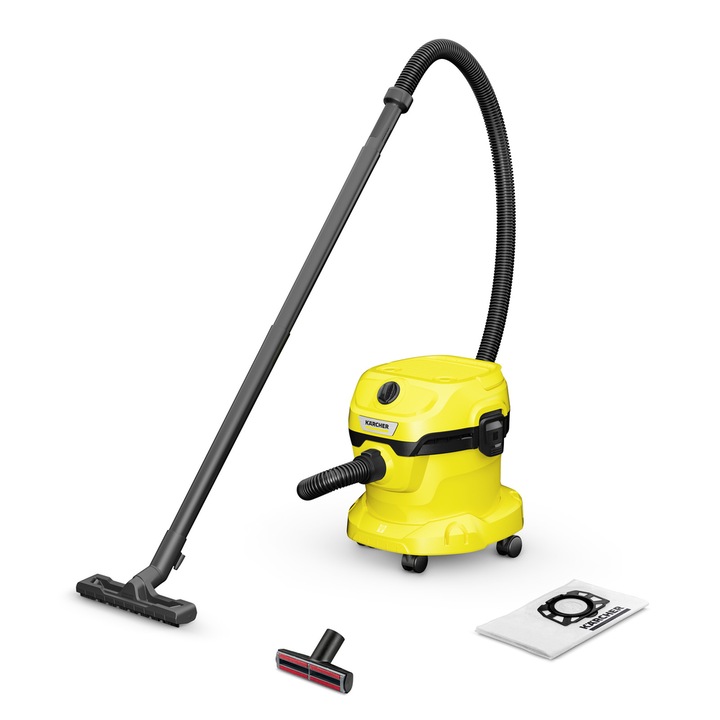 Прахосмукачка Karcher WD 2 Plus V-12/4/18 Pet, Мокро/Сухо, 1000 W, 43 л/с, 12л Жълта