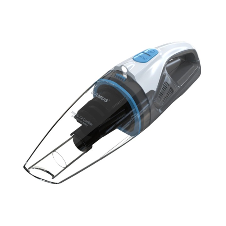 Ръчна прахосмукачка, Samus Handy 7.4 Cordless, мокро и сухо почистване, за домашна и автомобилна употреба, HEPA филтър, 0.5 литра, Li-ion батерия 7.4V, 2200 mAh, LED светлина, 50 W, сива и черна