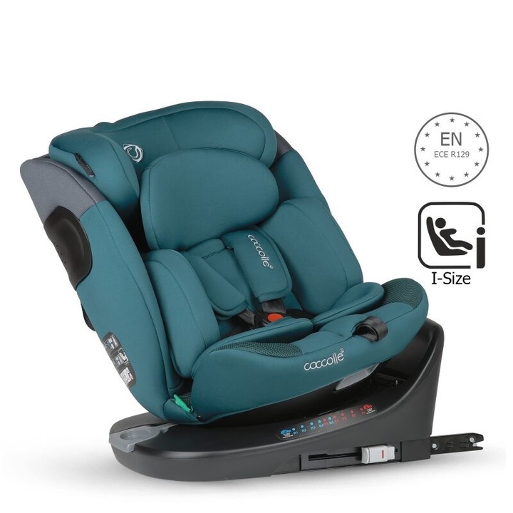 Scaun auto rotativ cu isofix pentru bebelusi si copii intre 40-150 cm Coccolle Atira New Line Top Tether, omologat iSize R129, protectie impact lateral, Albastru