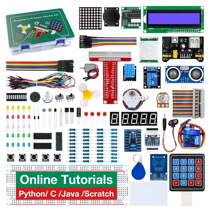 Kit Super Starter pentru Raspberry Pi 5/4/4B/3B/3B+, Python C Java Scratch, cu tutorial pentru incepatori, WALALLA