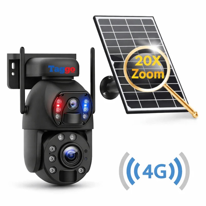 Камера за наблюдение Taggo 4G 4K, 20X увеличение, водоустойчива IP66, метален корпус, соларен панел