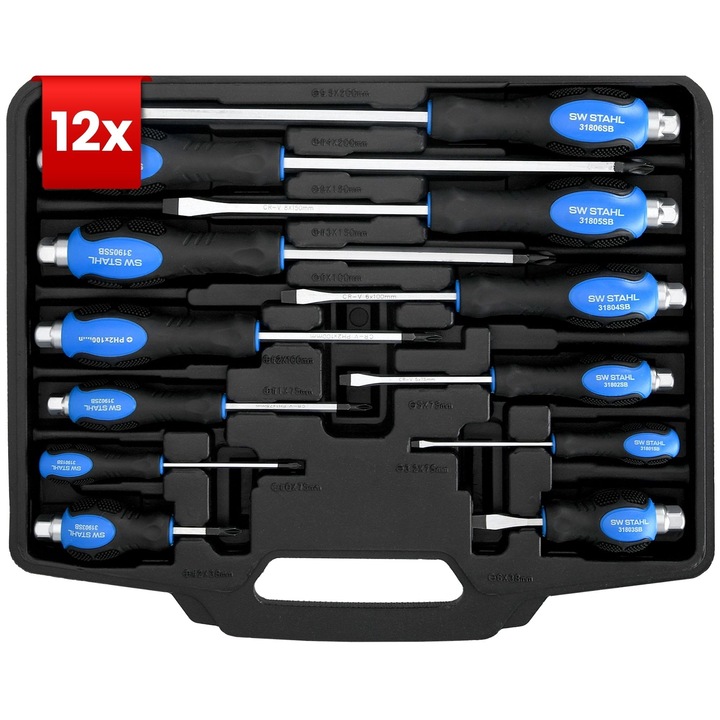 Set de surubelnite SW-Stahl S7891, rezistent la impact, 12 piese I, cu crestatura si cruce I, set de instrumente pentru surubelnite