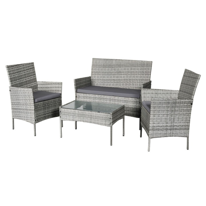 Set Masa De Gradina, 1 Masa, 1 Canapea, 2 Fotolii, Culoare Bej Inchis, Perne Gri