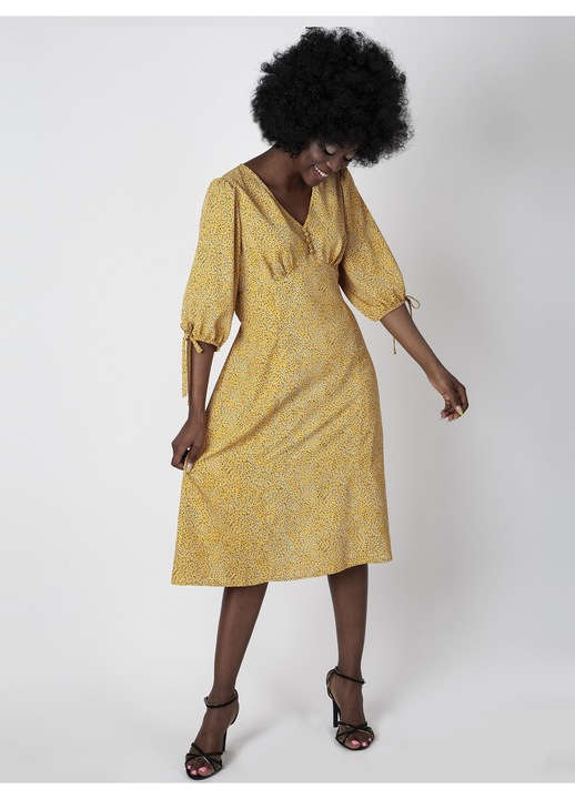 Rochie dama Perso, eleganta, maneci bufante, galben, poliester/viscoza