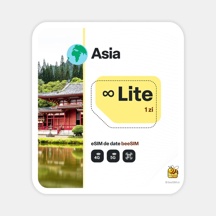 Cartela eSIM Internet, beeSIM, Asia, Nelimitat, 1 zi