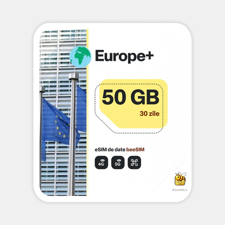 Cartela eSIM Internet, beeSIM, Europa+, 50GB, 30 zile