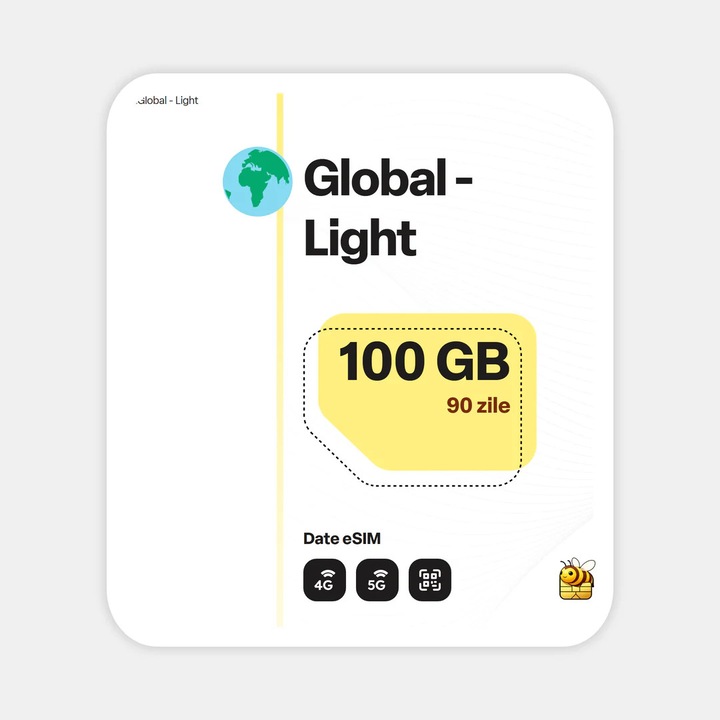 Cartela eSIM Internet, beeSIM, Global - Light, 100GB, 90 zile