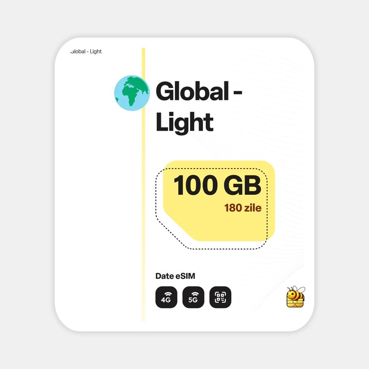 Cartela eSIM Internet, beeSIM, Global - Light, 100GB, 180 zile
