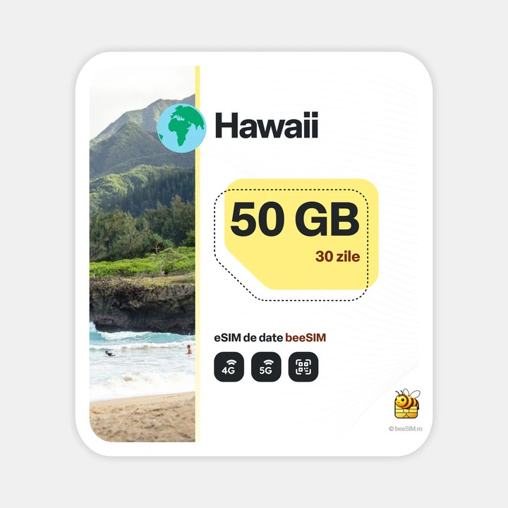 Cartela eSIM Internet, beeSIM, Hawaii, 50GB, 30 zile