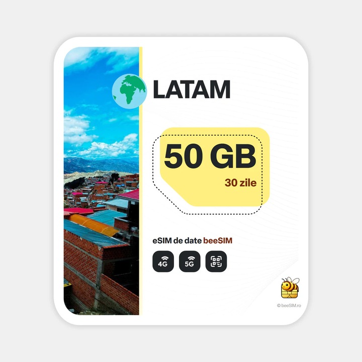 Cartela eSIM Internet, beeSIM, America Latina, 50GB, 30 zile