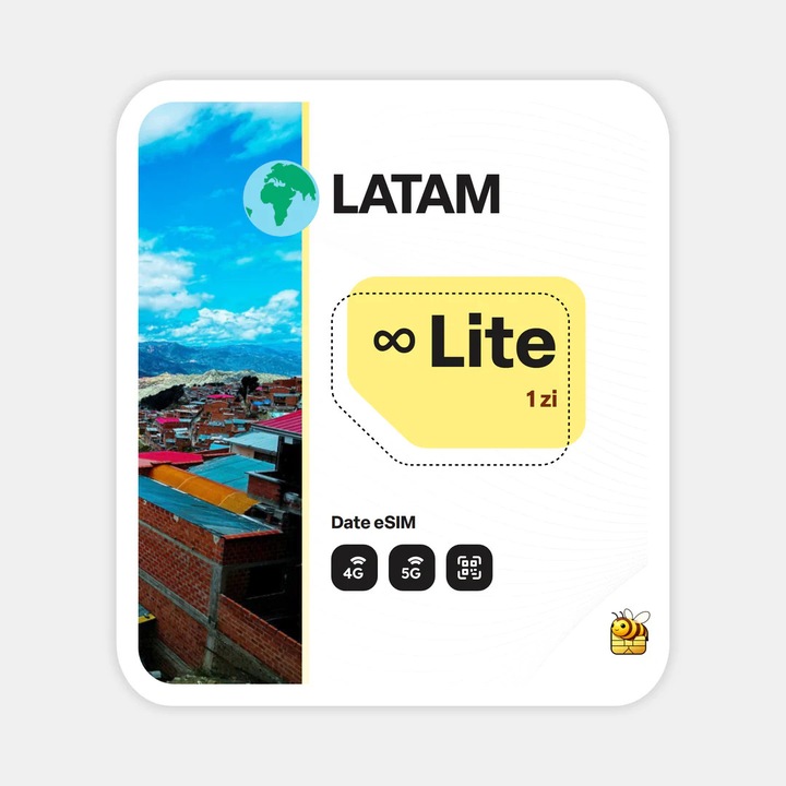Cartela eSIM Internet, beeSIM, America Latina, Nelimitat, 1 zi