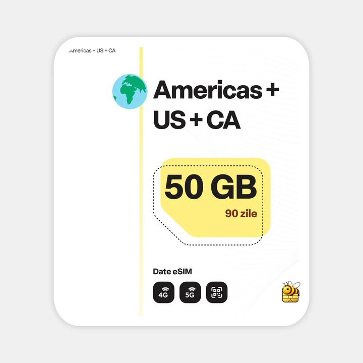 Cartela eSIM Internet, beeSIM, Americas + US + CA, 50GB, 90 zile