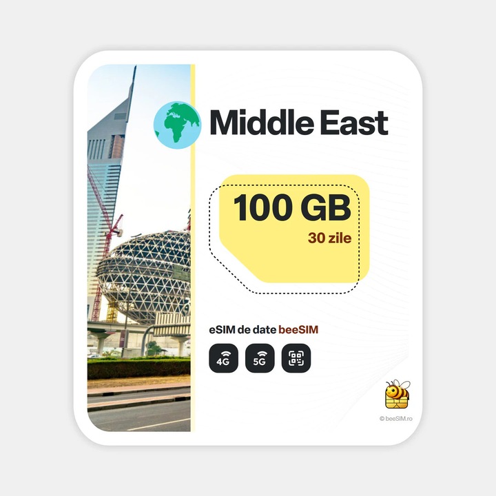 Cartela eSIM Internet, beeSIM, Orientul Mijlociu, 100GB, 30 zile