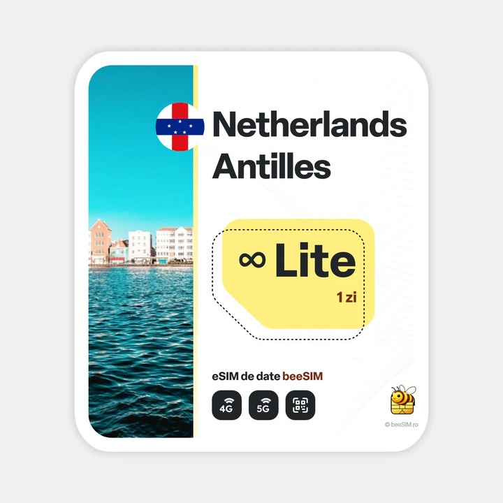 Cartela eSIM Internet, beeSIM, Antilele Olandeze, Nelimitat, 1 zi
