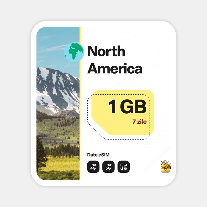 Cartela eSIM Internet, beeSIM, America de Nord, 1GB, 7 zile