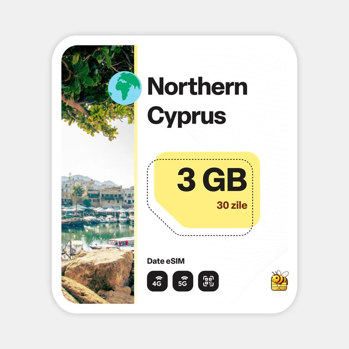 Cartela eSIM Internet, beeSIM, Cipru de Nord, 3GB, 30 zile