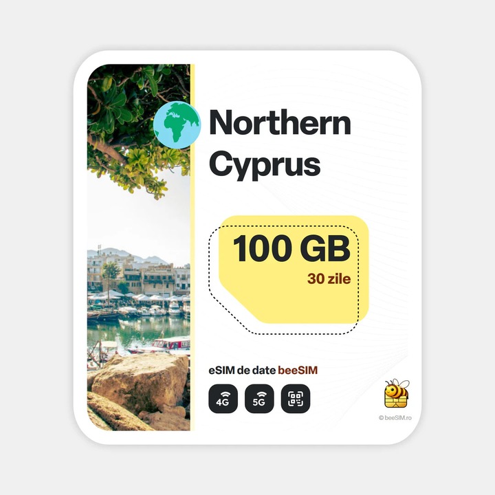 Cartela eSIM Internet, beeSIM, Cipru de Nord, 100GB, 30 zile