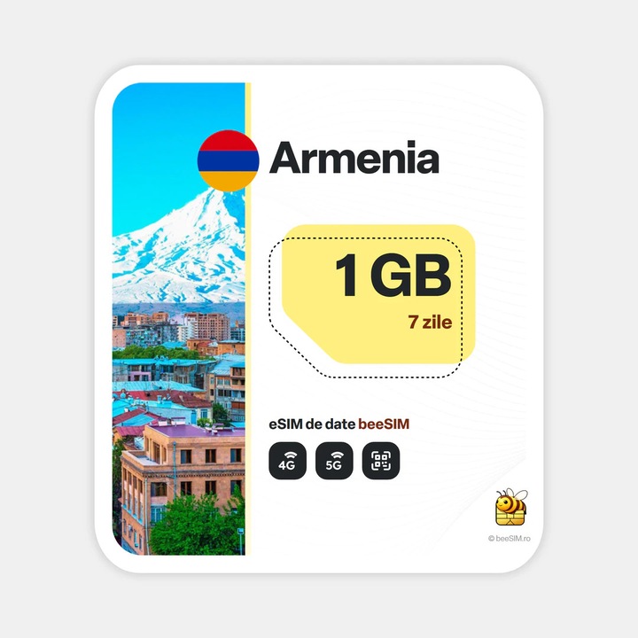 Cartela eSIM Internet, beeSIM, Armenia, 1GB, 7 zile