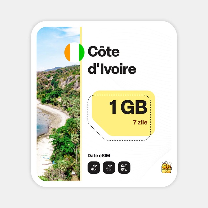 Cartela eSIM Internet, beeSIM, Côte D'Ivoire, 1GB, 7 zile