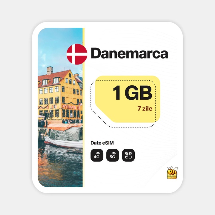 Cartela eSIM Internet, beeSIM, Danemarca, 1GB, 7 zile