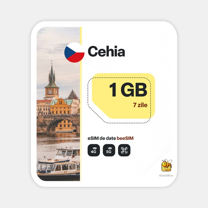Cartela eSIM Internet, beeSIM, Cehia, 1GB, 7 zile