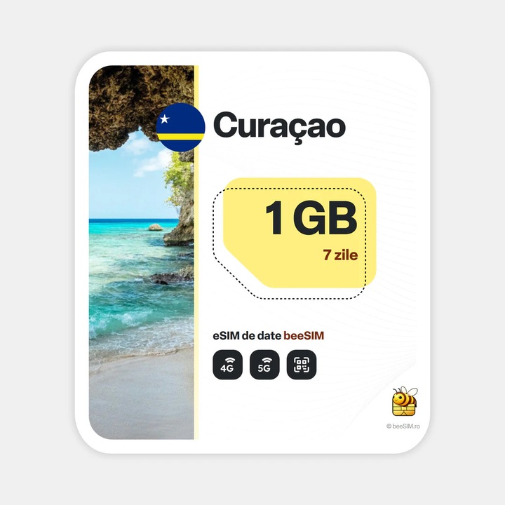 Cartela eSIM Internet, beeSIM, Curaçao, 1GB, 7 zile
