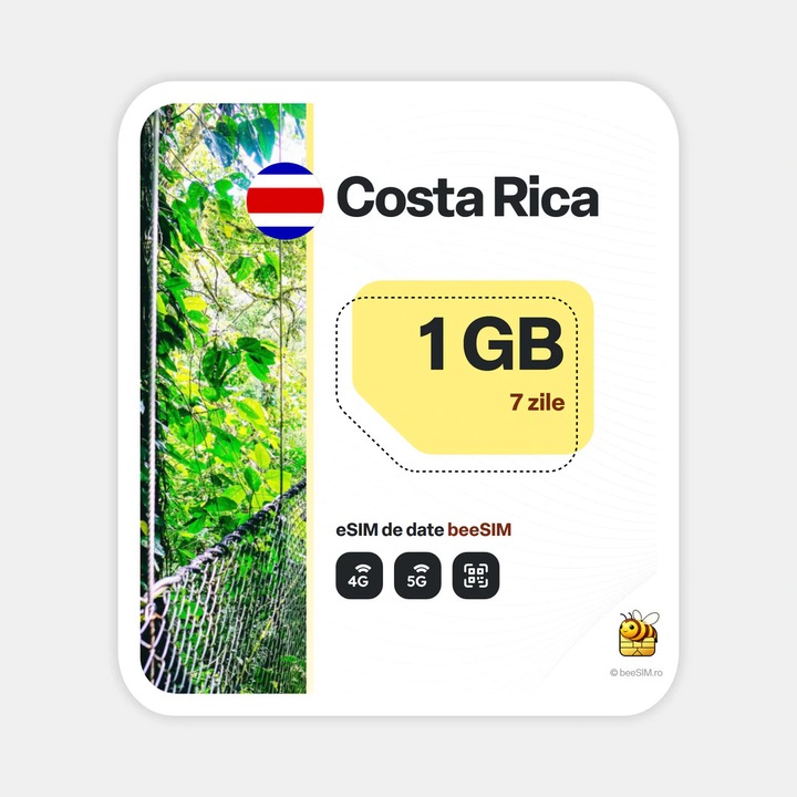 Cartela eSIM Internet, beeSIM, Costa Rica, 1GB, 7 zile