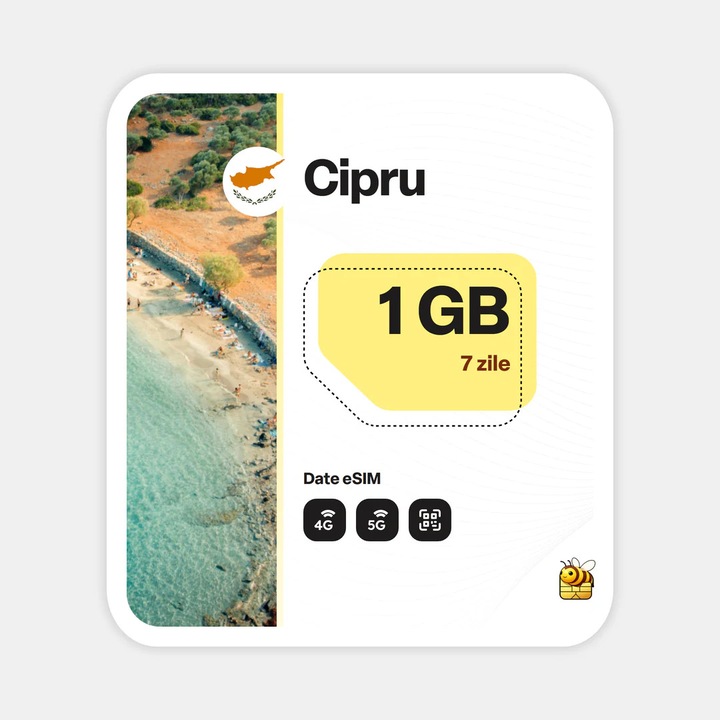 Cartela eSIM Internet, beeSIM, Cipru, 1GB, 7 zile