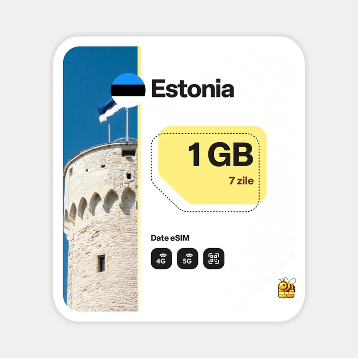 Cartela eSIM Internet, beeSIM, Estonia, 1GB, 7 zile