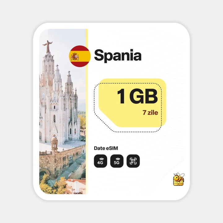 Cartela eSIM Internet, beeSIM, Spania, 1GB, 7 zile