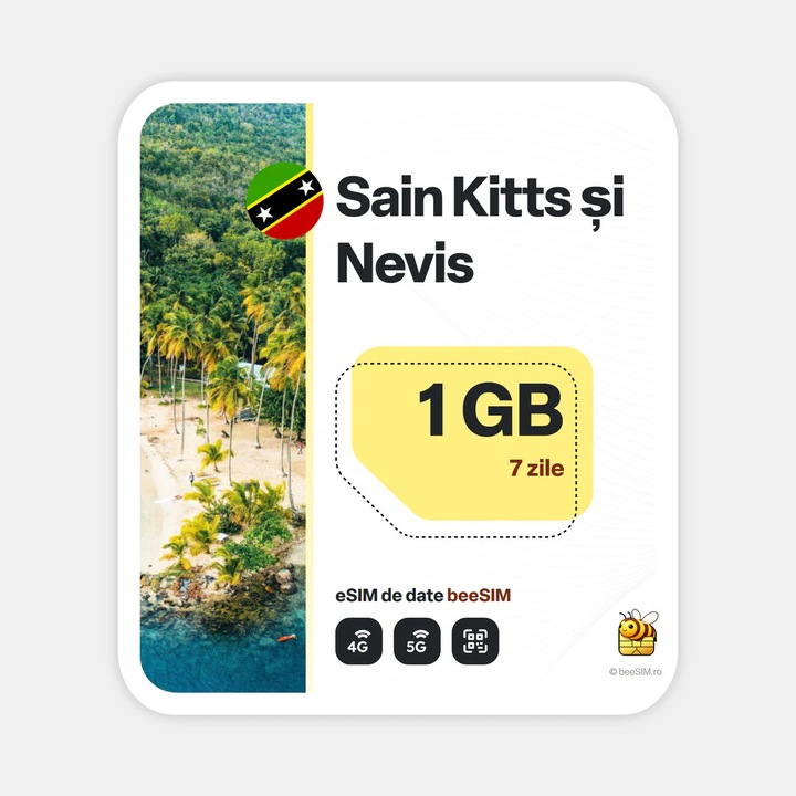 Cartela eSIM Internet, beeSIM, Sain Kitts Si Nevis, 1GB, 7 zile