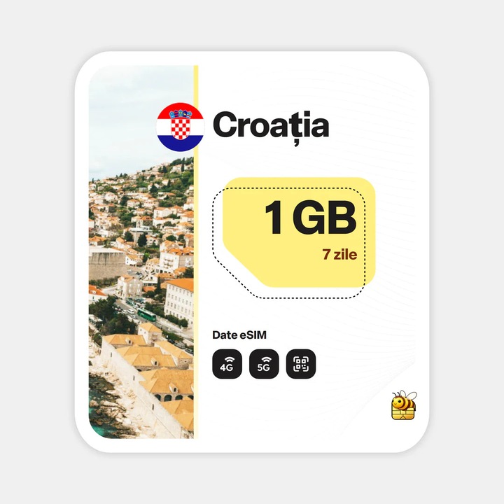 Cartela eSIM Internet, beeSIM, Croatia, 1GB, 7 zile