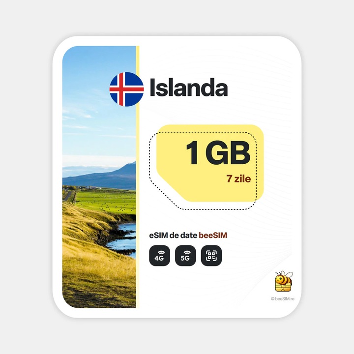 Cartela eSIM Internet, beeSIM, Islanda, 1GB, 7 zile