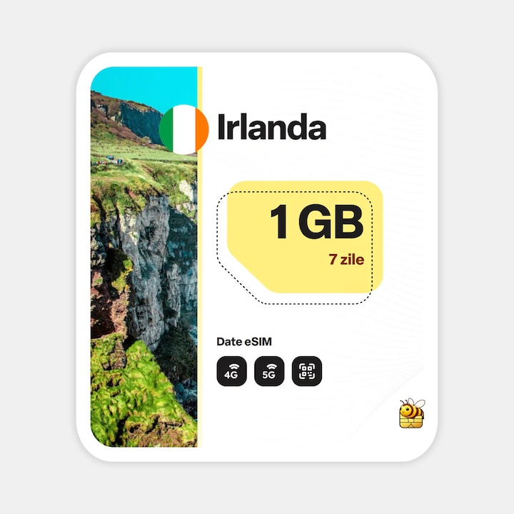 Cartela eSIM Internet, beeSIM, Irlanda, 1GB, 7 zile