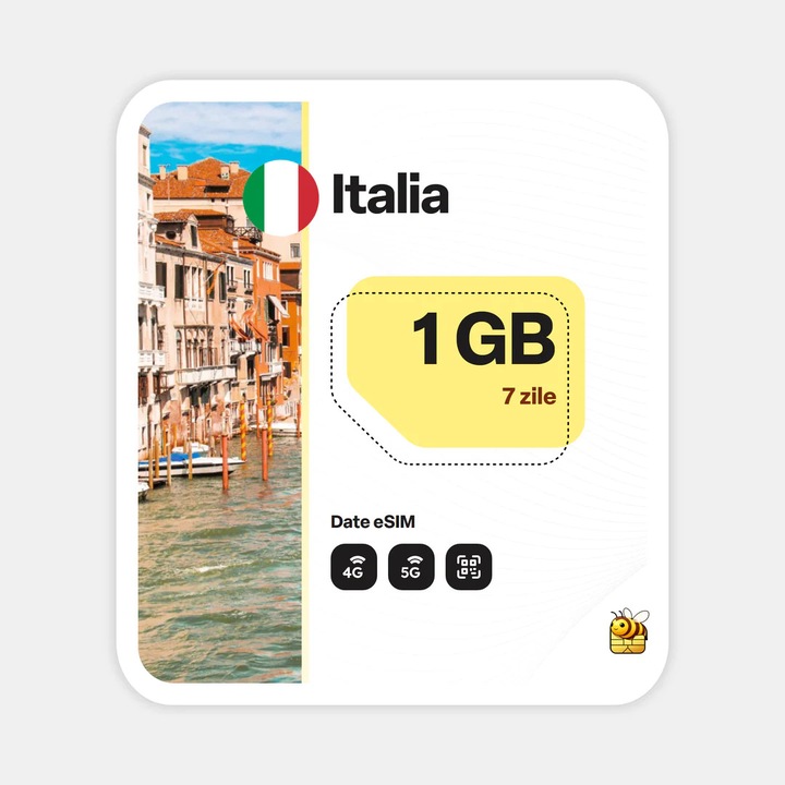 Cartela eSIM Internet, beeSIM, Italia, 1GB, 7 zile