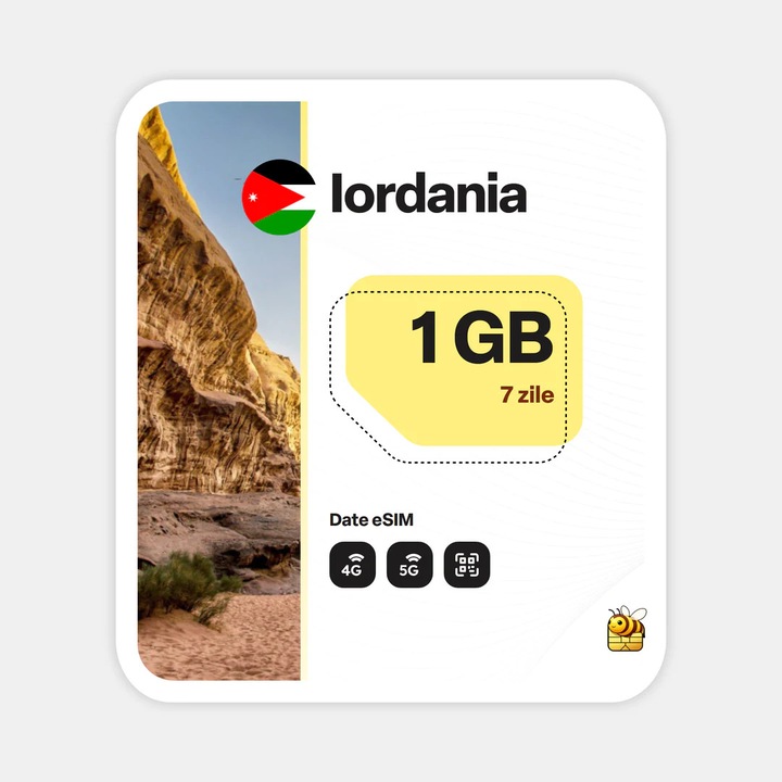 Cartela eSIM Internet, beeSIM, Iordania, 1GB, 7 zile