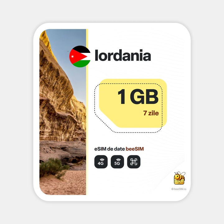 Cartela eSIM Internet, beeSIM, Iordania, 1GB, 7 zile