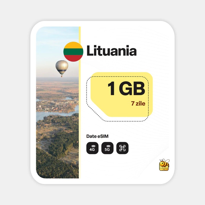 Cartela eSIM Internet, beeSIM, Lituania, 1GB, 7 zile