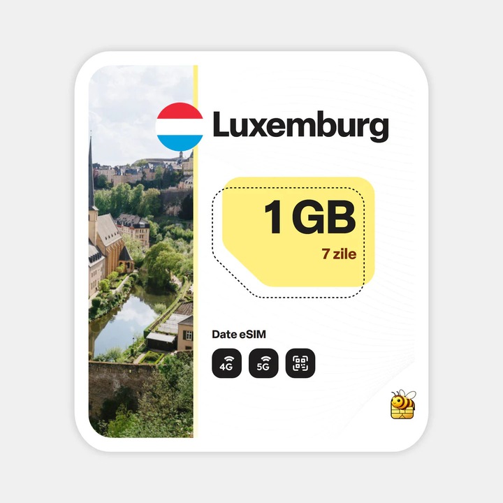 Cartela eSIM Internet, beeSIM, Luxemburg, 1GB, 7 zile