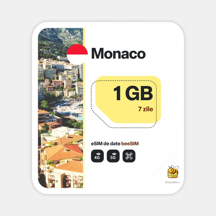 Cartela eSIM Internet, beeSIM, Monaco, 1GB, 7 zile