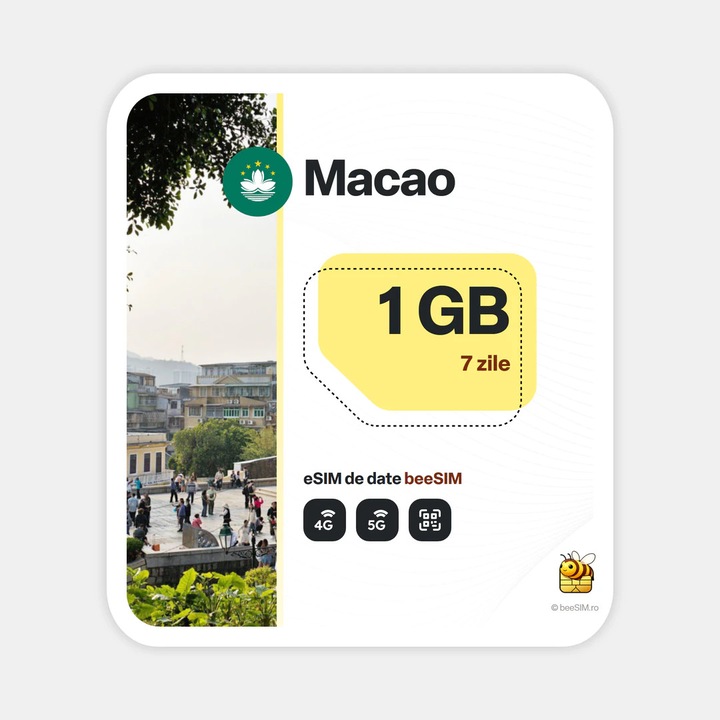 Cartela eSIM Internet, beeSIM, Macao, 1GB, 7 zile