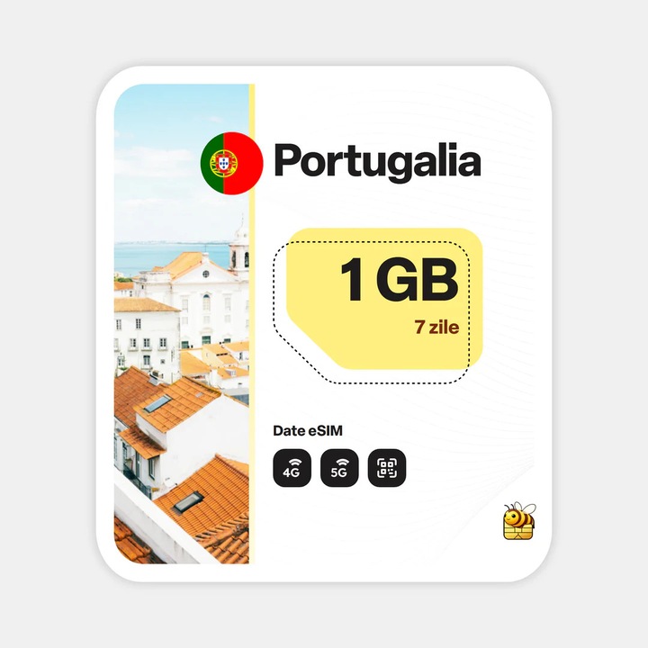 Cartela eSIM Internet, beeSIM, Portugalia, 1GB, 7 zile