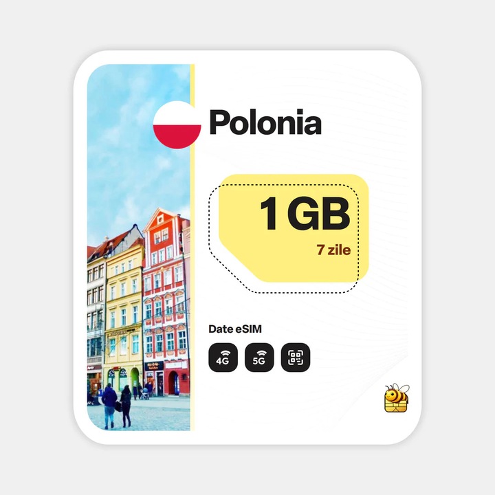 Cartela eSIM Internet, beeSIM, Polonia, 1GB, 7 zile