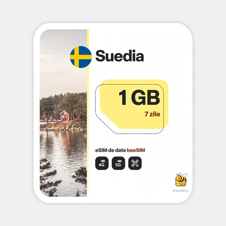 Cartela eSIM Internet, beeSIM, Suedia, 1GB, 7 zile