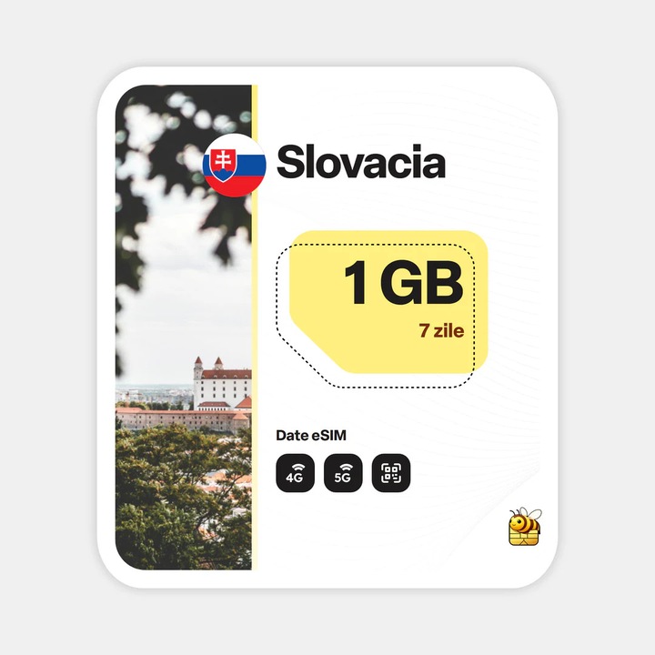 Cartela eSIM Internet, beeSIM, Slovacia, 1GB, 7 zile