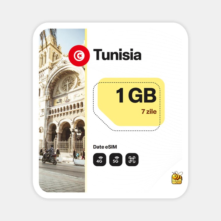 Cartela eSIM Internet, beeSIM, Tunisia, 1GB, 7 zile