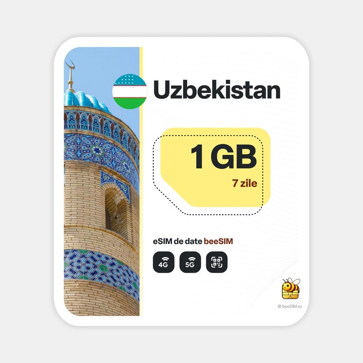 Cartela eSIM Internet, beeSIM, Uzbekistan, 1GB, 7 zile